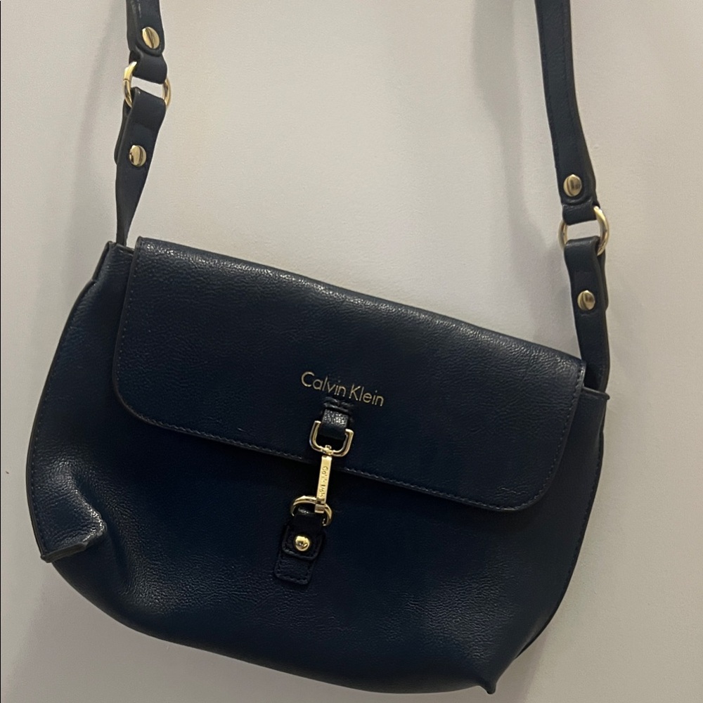 Calvin Klein navy Leather Crossbody with Gold Hardware